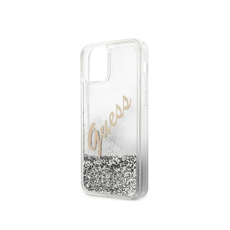 Guess Glitter Vintage Script dėklas, skirtas iPhone 12 Pro Max – sidabrinis