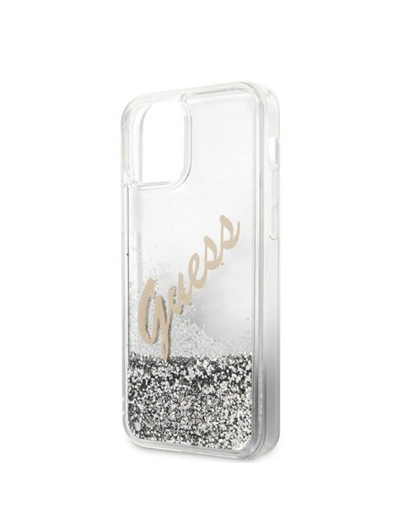 Guess Glitter Vintage Script dėklas, skirtas iPhone 12 Pro Max – sidabrinis