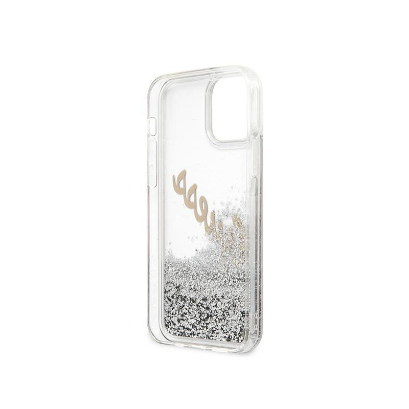 Guess Glitter Vintage Script dėklas, skirtas iPhone 12 Pro Max – sidabrinis