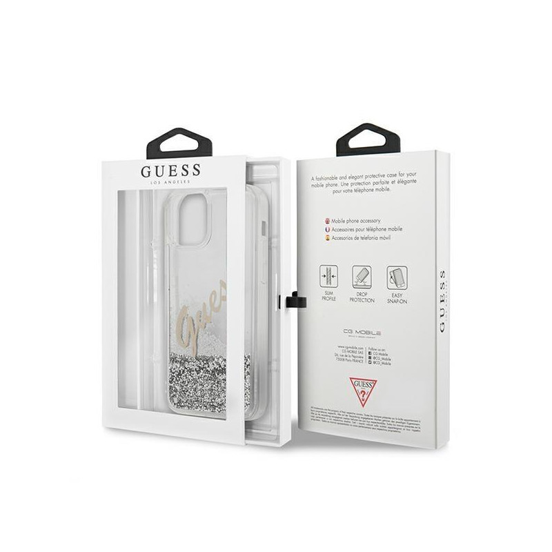 Guess Glitter Vintage Script dėklas, skirtas iPhone 12 Pro Max – sidabrinis