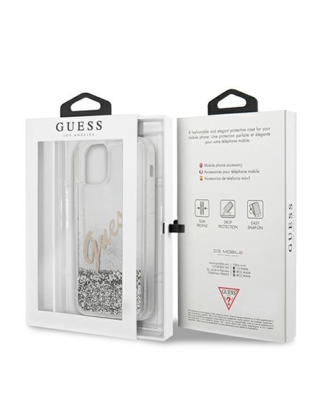 Guess Glitter Vintage Script dėklas, skirtas iPhone 12 Pro Max – sidabrinis