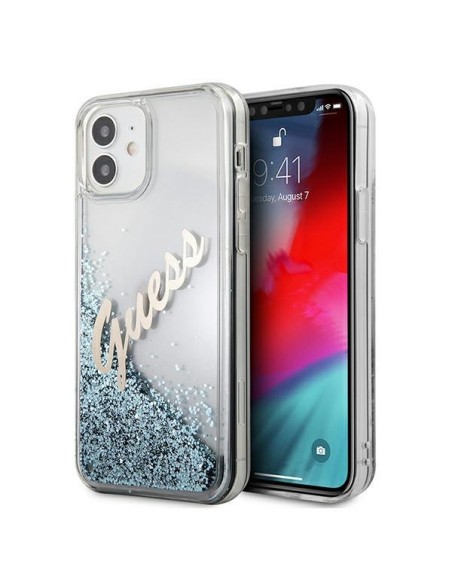Guess Glitter Vintage Script dėklas iPhone 12 mini - mėlynas Guess Glitter Vintage Script dėklas iPhone 12 mini - mėlynas