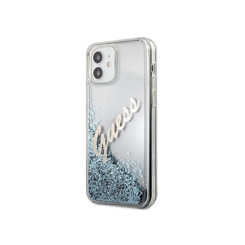 Guess Glitter Vintage Script dėklas iPhone 12 mini - mėlynas