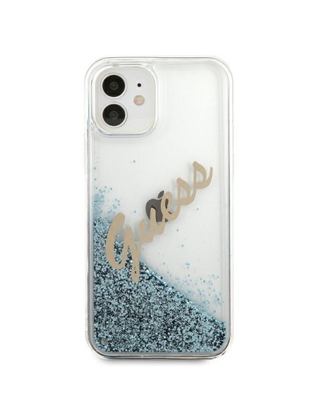 Guess Glitter Vintage Script dėklas iPhone 12 mini - mėlynas Guess Glitter Vintage Script dėklas iPhone 12 mini - mėlynas