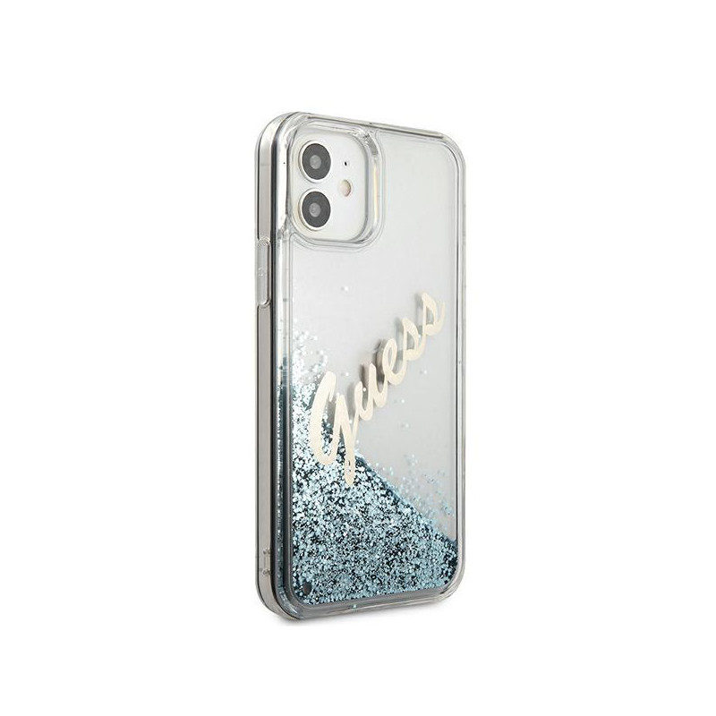 Guess Glitter Vintage Script dėklas iPhone 12 mini - mėlynas