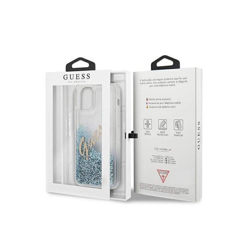 Guess Glitter Vintage Script dėklas iPhone 12 mini - mėlynas