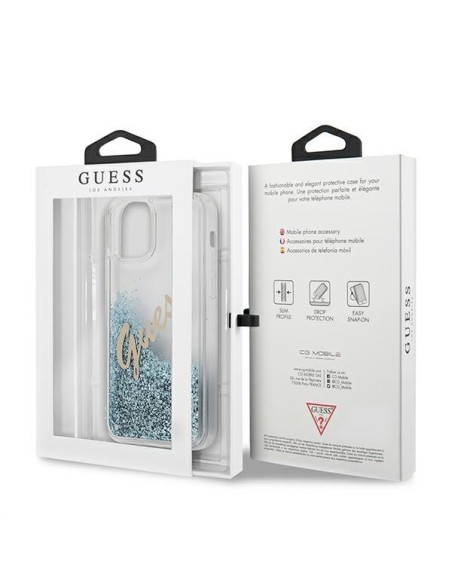 Guess Glitter Vintage Script dėklas iPhone 12 mini - mėlynas Guess Glitter Vintage Script dėklas iPhone 12 mini - mėlynas