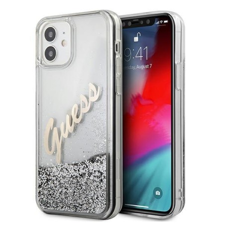 Guess Glitter Vintage Script dėklas iPhone 12 mini - sidabrinis