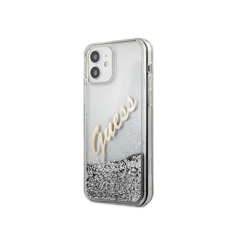 Guess Glitter Vintage Script dėklas iPhone 12 mini - sidabrinis