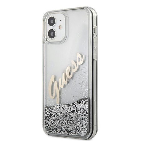 Guess Glitter Vintage Script dėklas iPhone 12 mini - sidabrinis