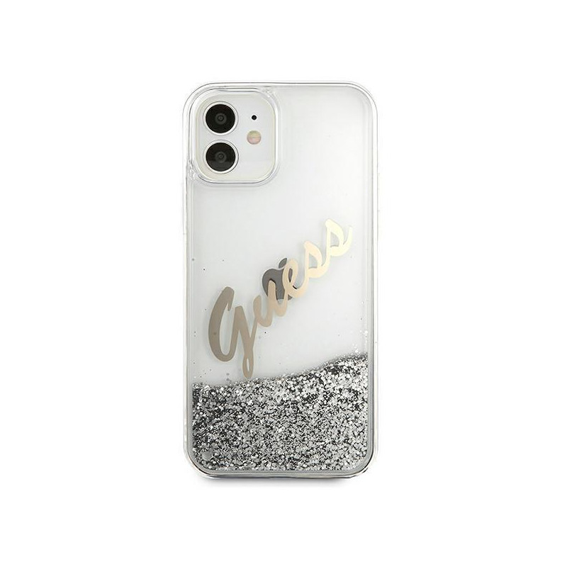 Guess Glitter Vintage Script dėklas iPhone 12 mini - sidabrinis