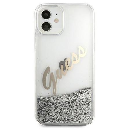 Guess Glitter Vintage Script dėklas iPhone 12 mini - sidabrinis