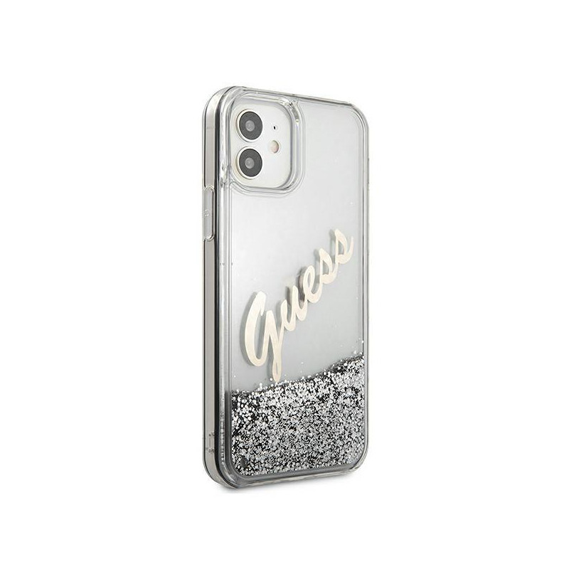 Guess Glitter Vintage Script dėklas iPhone 12 mini - sidabrinis