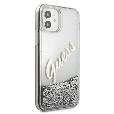 Guess Glitter Vintage Script dėklas iPhone 12 mini - sidabrinis