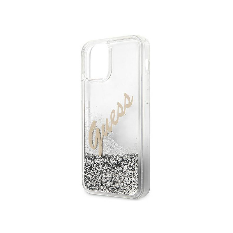Guess Glitter Vintage Script dėklas iPhone 12 mini - sidabrinis