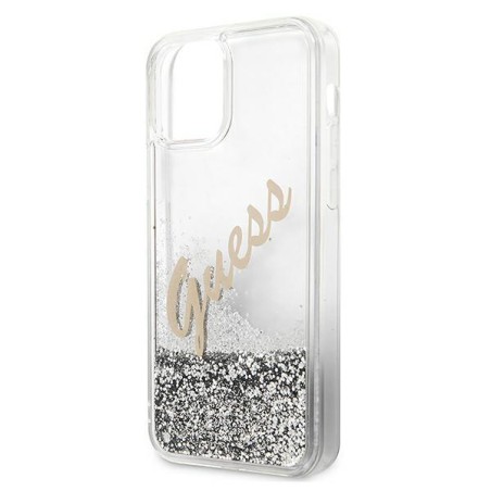 Guess Glitter Vintage Script dėklas iPhone 12 mini - sidabrinis