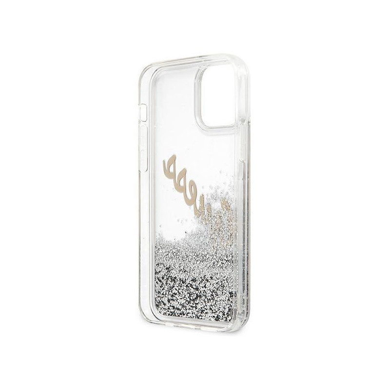 Guess Glitter Vintage Script dėklas iPhone 12 mini - sidabrinis