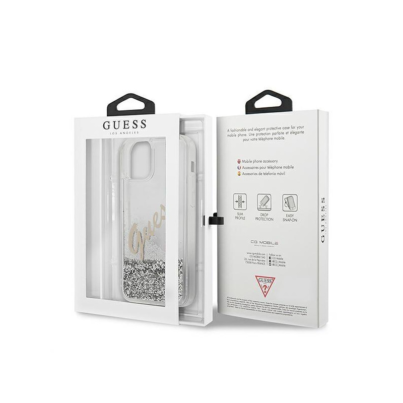 Guess Glitter Vintage Script dėklas iPhone 12 mini - sidabrinis
