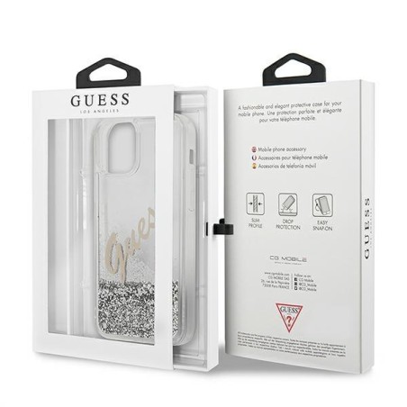 Guess Glitter Vintage Script dėklas iPhone 12 mini - sidabrinis