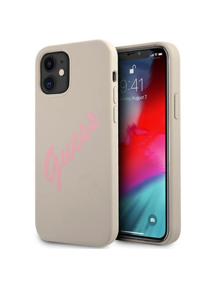 Guess Silicone Vintage dėklas iPhone 12 mini - pilkas ir rožinis Guess Silicone Vintage dėklas iPhone 12 mini - pilkas ir rožinis