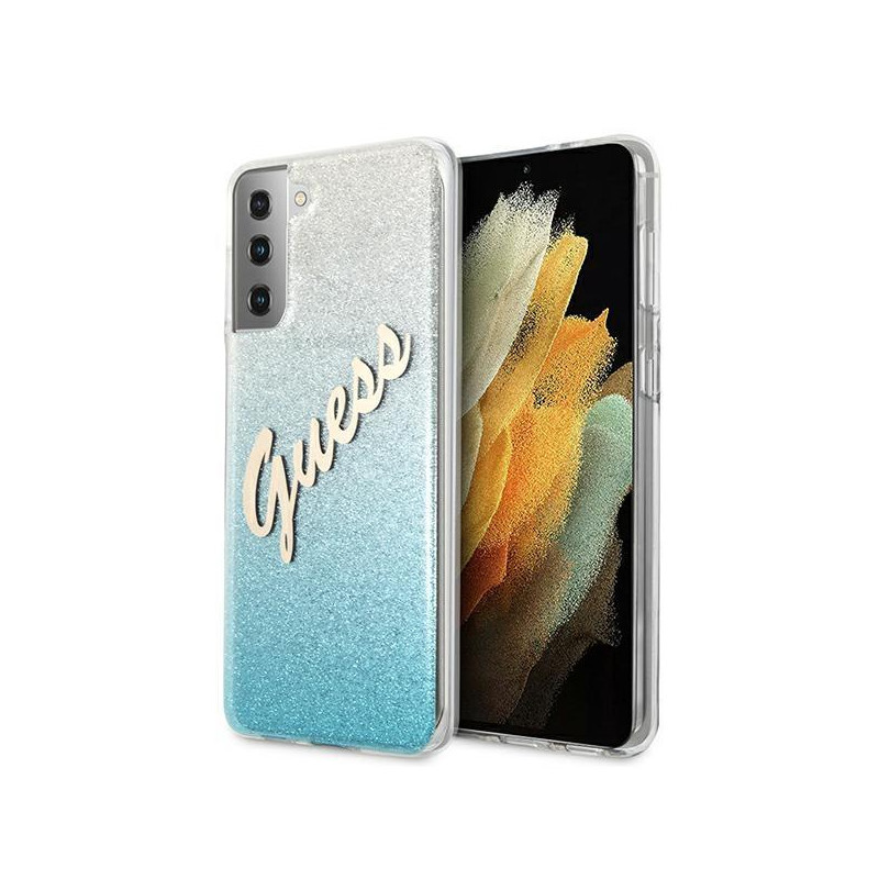 Guess Glitter Gradient Script dėklas, skirtas Samsung Galaxy S21+ - mėlynas