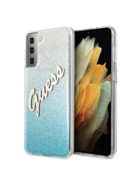 Guess Glitter Gradient Script dėklas, skirtas Samsung Galaxy S21+ - mėlynas Guess Glitter Gradient Script dėklas, skirtas Samsung Galaxy S21+ - mėlynas