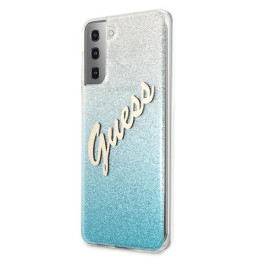 Guess Glitter Gradient Script dėklas, skirtas Samsung Galaxy S21+ - mėlynas