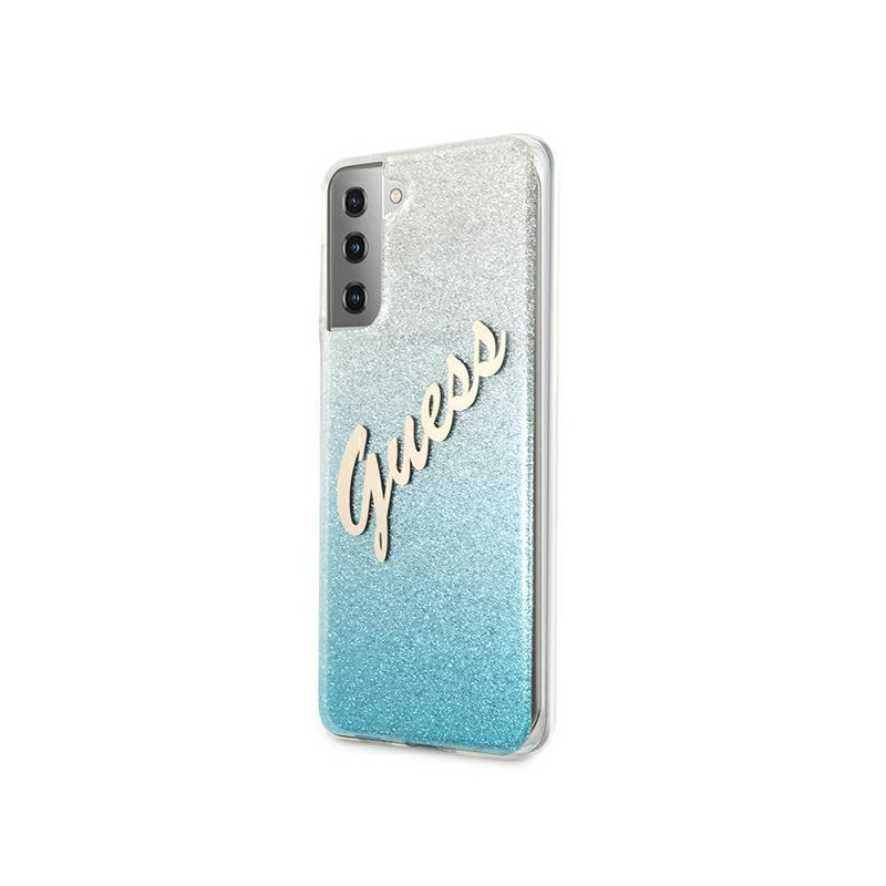 Guess Glitter Gradient Script dėklas, skirtas Samsung Galaxy S21+ - mėlynas