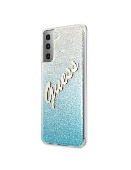 Guess Glitter Gradient Script dėklas, skirtas Samsung Galaxy S21+ - mėlynas Guess Glitter Gradient Script dėklas, skirtas Samsung Galaxy S21+ - mėlynas