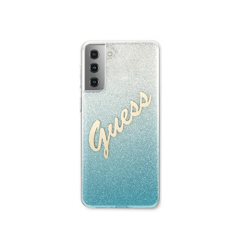 Guess Glitter Gradient Script dėklas, skirtas Samsung Galaxy S21+ - mėlynas