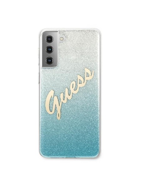 Guess Glitter Gradient Script dėklas, skirtas Samsung Galaxy S21+ - mėlynas Guess Glitter Gradient Script dėklas, skirtas Samsung Galaxy S21+ - mėlynas