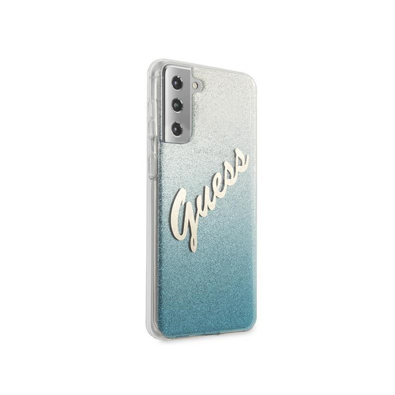 Guess Glitter Gradient Script dėklas, skirtas Samsung Galaxy S21+ - mėlynas