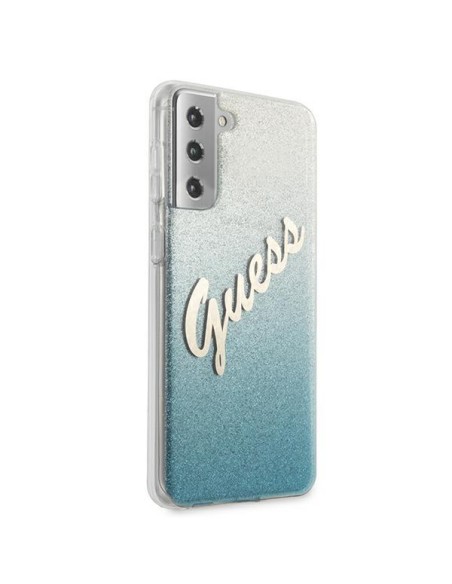 Guess Glitter Gradient Script dėklas, skirtas Samsung Galaxy S21+ - mėlynas Guess Glitter Gradient Script dėklas, skirtas Samsung Galaxy S21+ - mėlynas