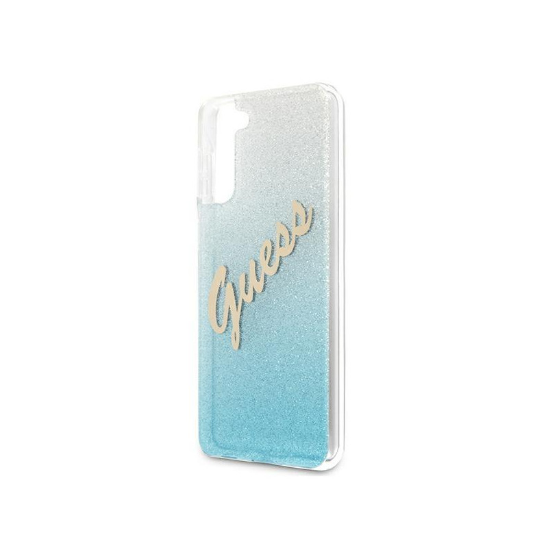 Guess Glitter Gradient Script dėklas, skirtas Samsung Galaxy S21+ - mėlynas