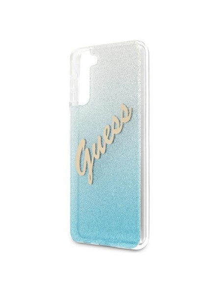 Guess Glitter Gradient Script dėklas, skirtas Samsung Galaxy S21+ - mėlynas Guess Glitter Gradient Script dėklas, skirtas Samsung Galaxy S21+ - mėlynas