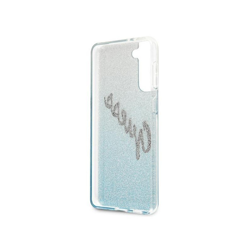Guess Glitter Gradient Script dėklas, skirtas Samsung Galaxy S21+ - mėlynas