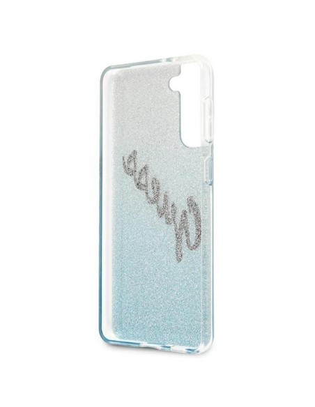 Guess Glitter Gradient Script dėklas, skirtas Samsung Galaxy S21+ - mėlynas Guess Glitter Gradient Script dėklas, skirtas Samsung Galaxy S21+ - mėlynas