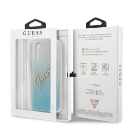 Guess Glitter Gradient Script dėklas, skirtas Samsung Galaxy S21+ - mėlynas