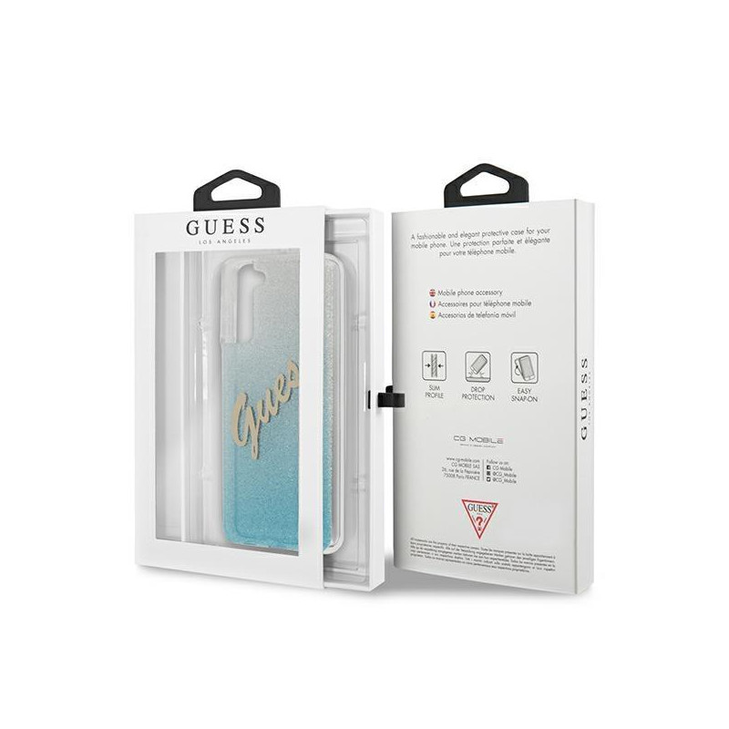 Guess Glitter Gradient Script dėklas, skirtas Samsung Galaxy S21+ - mėlynas