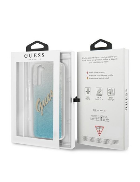 Guess Glitter Gradient Script dėklas, skirtas Samsung Galaxy S21+ - mėlynas Guess Glitter Gradient Script dėklas, skirtas Samsung Galaxy S21+ - mėlynas