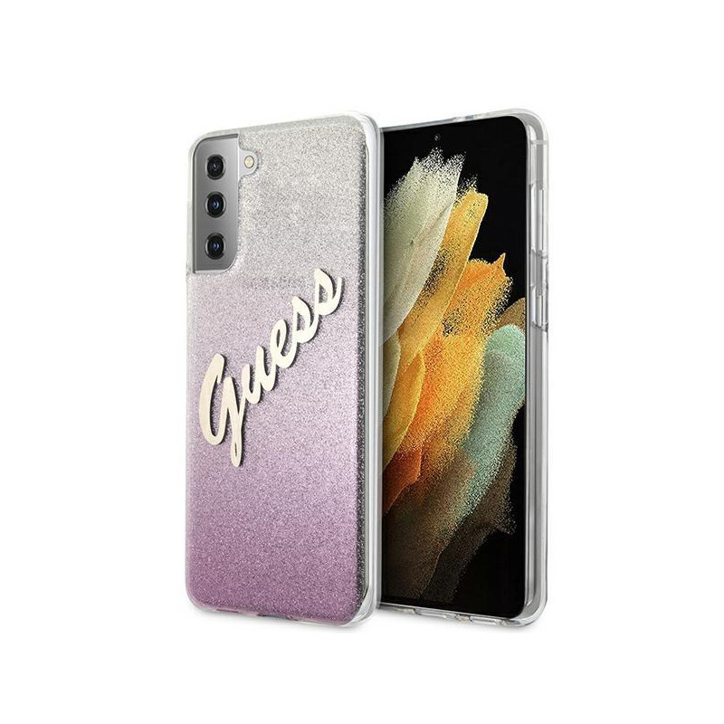 Guess Glitter Gradient Script dėklas, skirtas Samsung Galaxy S21+ - rožinis Guess Glitter Gradient Script dėklas, skirtas Samsung Galaxy S21+ - rožinis