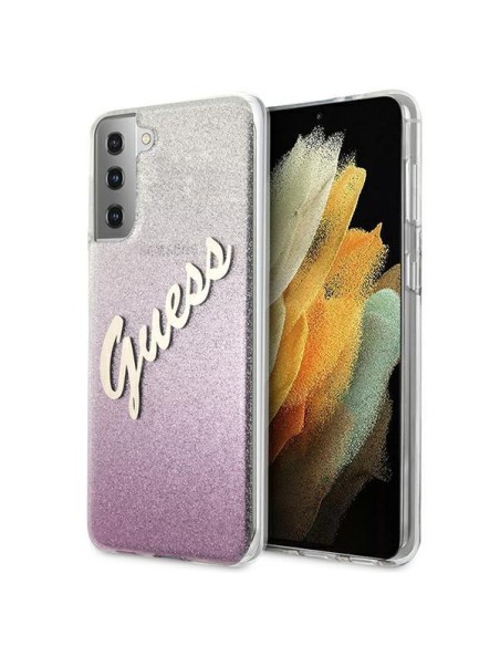 Guess Glitter Gradient Script dėklas, skirtas Samsung Galaxy S21+ - rožinis Guess Glitter Gradient Script dėklas, skirtas Samsung Galaxy S21+ - rožinis
