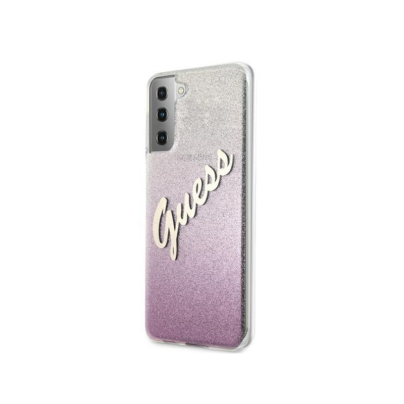 Guess Glitter Gradient Script dėklas, skirtas Samsung Galaxy S21+ - rožinis