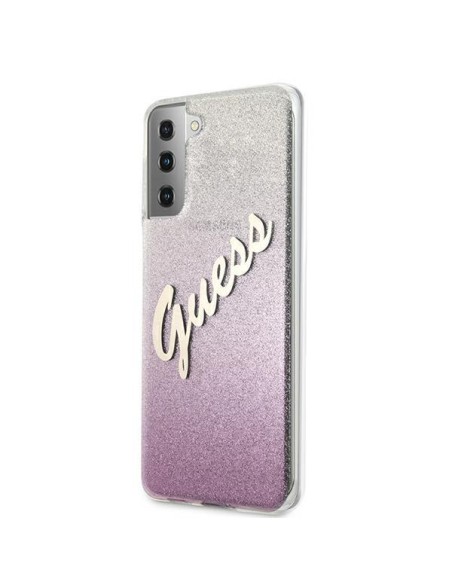 Guess Glitter Gradient Script dėklas, skirtas Samsung Galaxy S21+ - rožinis Guess Glitter Gradient Script dėklas, skirtas Samsung Galaxy S21+ - rožinis