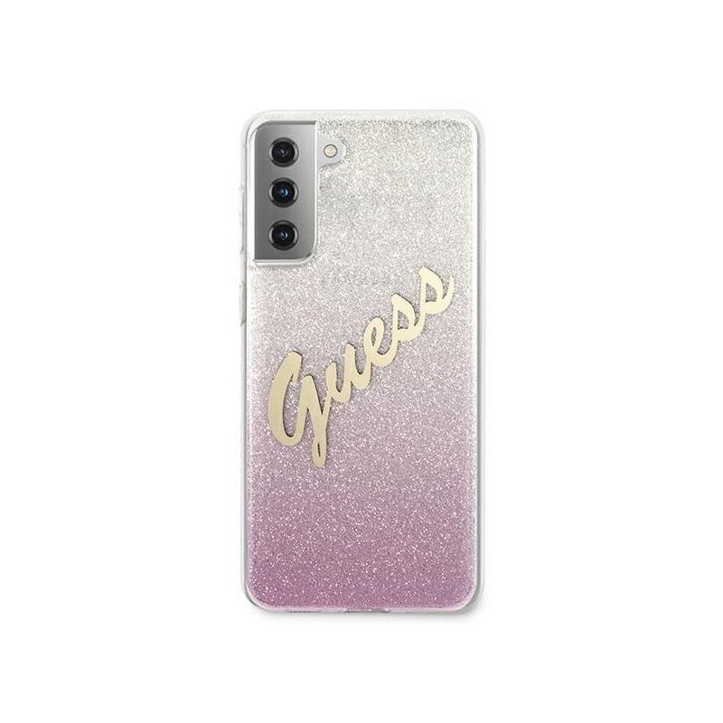 Guess Glitter Gradient Script dėklas, skirtas Samsung Galaxy S21+ - rožinis