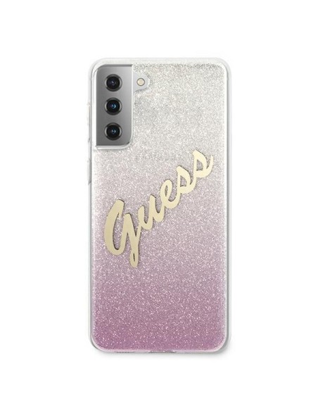 Guess Glitter Gradient Script dėklas, skirtas Samsung Galaxy S21+ - rožinis Guess Glitter Gradient Script dėklas, skirtas Samsung Galaxy S21+ - rožinis