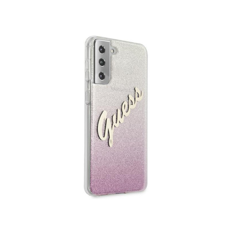 Guess Glitter Gradient Script dėklas, skirtas Samsung Galaxy S21+ - rožinis
