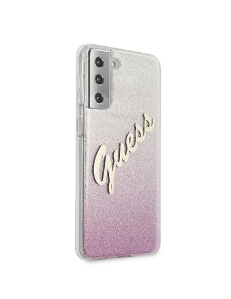 Guess Glitter Gradient Script dėklas, skirtas Samsung Galaxy S21+ - rožinis Guess Glitter Gradient Script dėklas, skirtas Samsung Galaxy S21+ - rožinis
