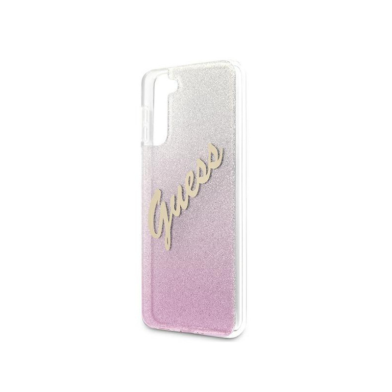 Guess Glitter Gradient Script dėklas, skirtas Samsung Galaxy S21+ - rožinis