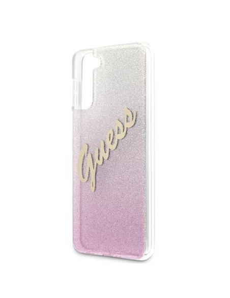 Guess Glitter Gradient Script dėklas, skirtas Samsung Galaxy S21+ - rožinis Guess Glitter Gradient Script dėklas, skirtas Samsung Galaxy S21+ - rožinis